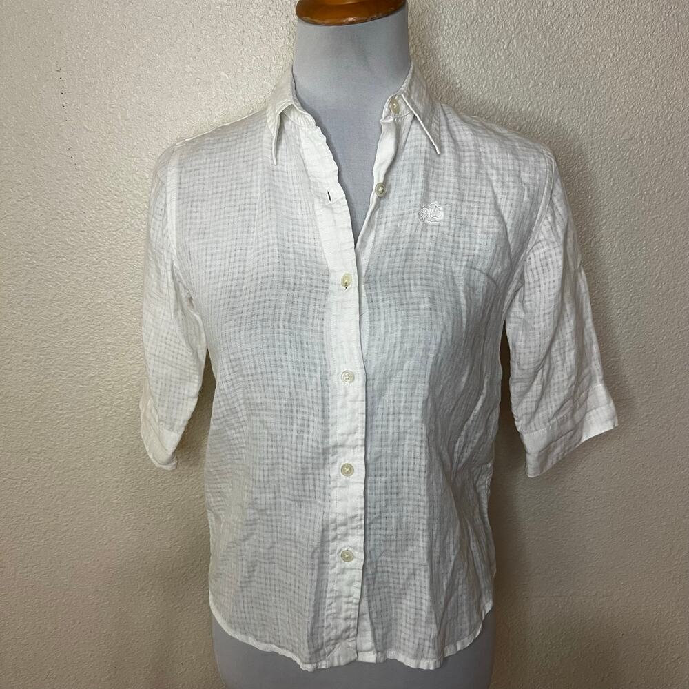 LAUREN Ralph Lauren White 100% linen 3/4 sleeve Button front shirt Petite Small